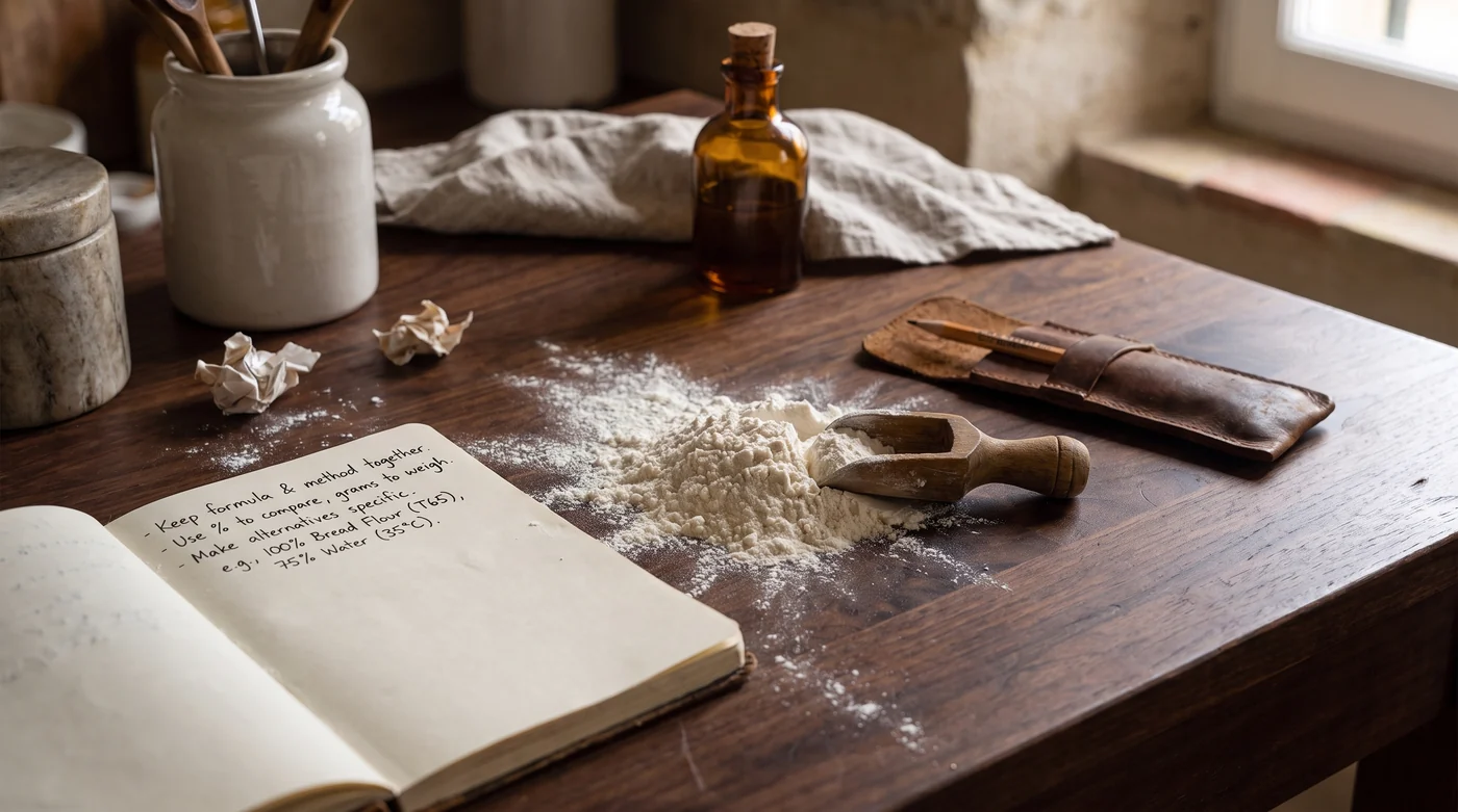 Flour on the table. Notes in the margin. A recipe notebook beside a flour scoop on the kitchen table.