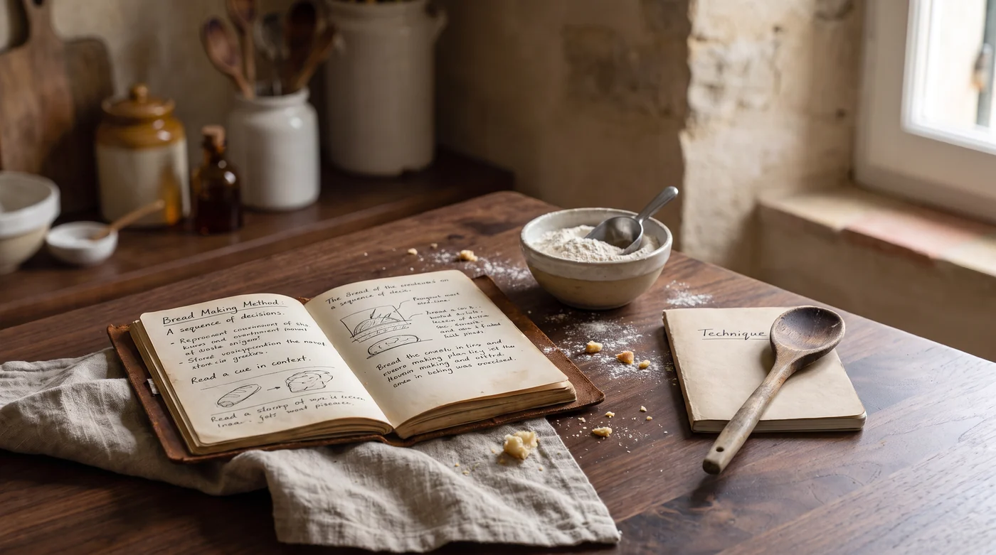 Know what to look for next. An annotated notebook beside a flour bowl and wooden spoon.