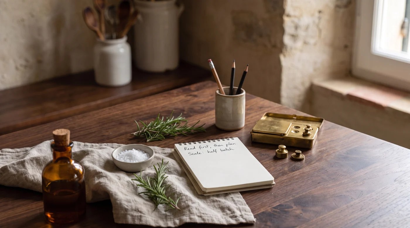 A good meal starts before the heat. Recipe notebook, salt, rosemary and an oil bottle on a walnut kitchen table.