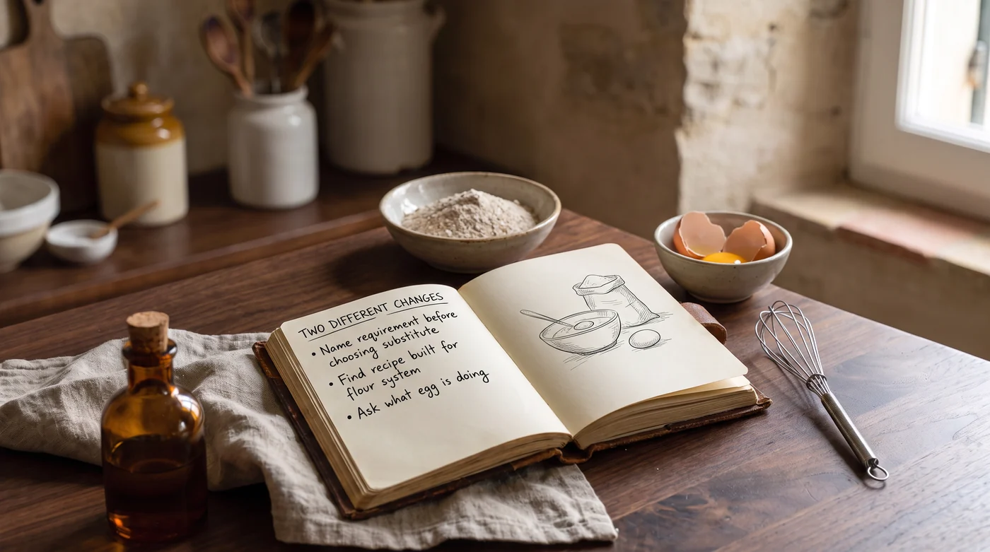 Two different changes. One careful notebook. An open notebook beside flour, eggs and a wire whisk.