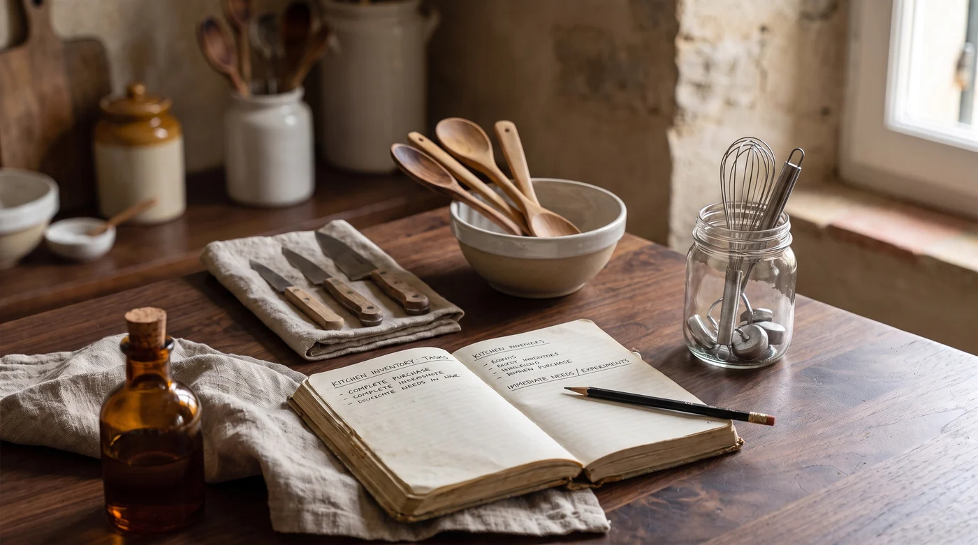 Wooden spoons, whisks and knives arranged around an open cookbook.