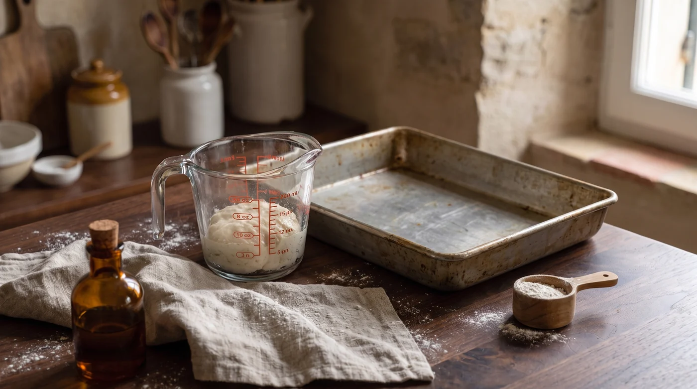 A measuring jug beside an empty rectangular baking tray.