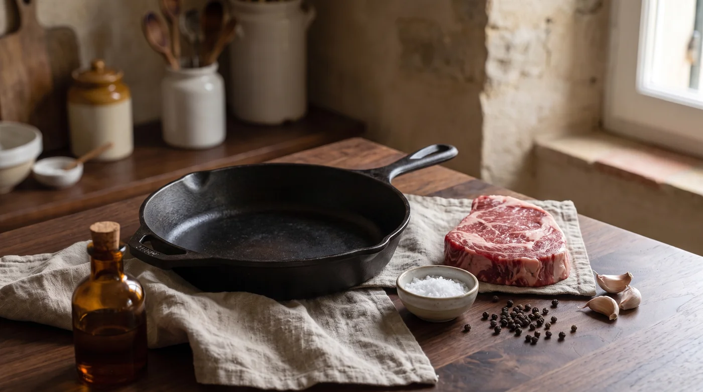 An empty skillet beside uncooked steak, salt and garlic on the kitchen table. An empty skillet beside uncooked steak, salt and garlic on the kitchen table.