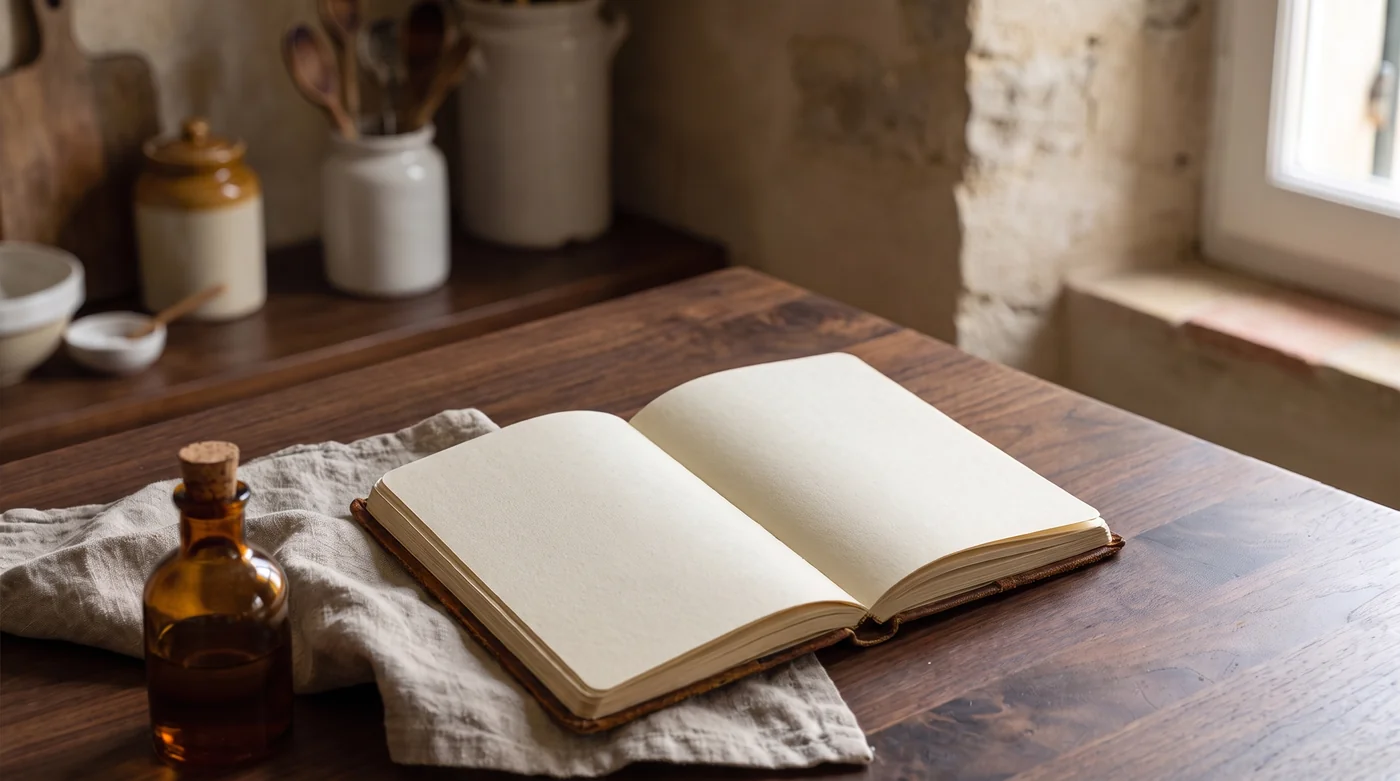 An open blank notebook beside an oil bottle and linen. An open blank notebook beside an oil bottle and linen.