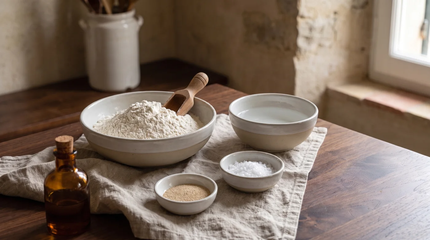 Separate bowls of flour, water, salt and yeast on the walnut table. Separate bowls of flour, water, salt and yeast on the walnut table.