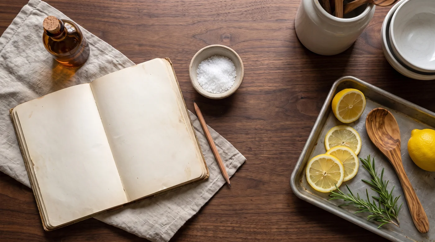 An open blank notebook beside a tray of lemon slices and rosemary. An open blank notebook beside a tray of lemon slices and rosemary.
