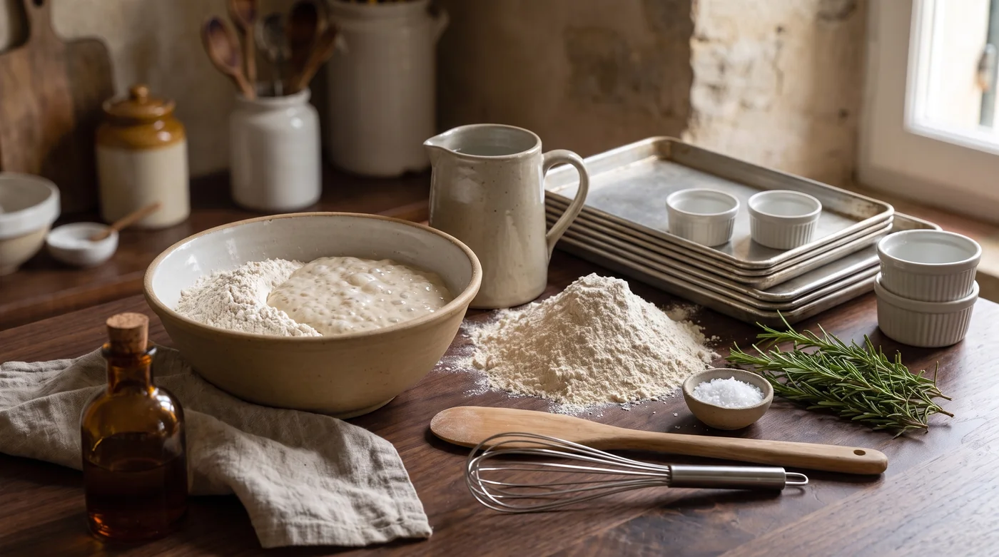 A flour bowl, whisk, baking trays and ramekins arranged for planning a bake. A flour bowl, whisk, baking trays and ramekins arranged for planning a bake.