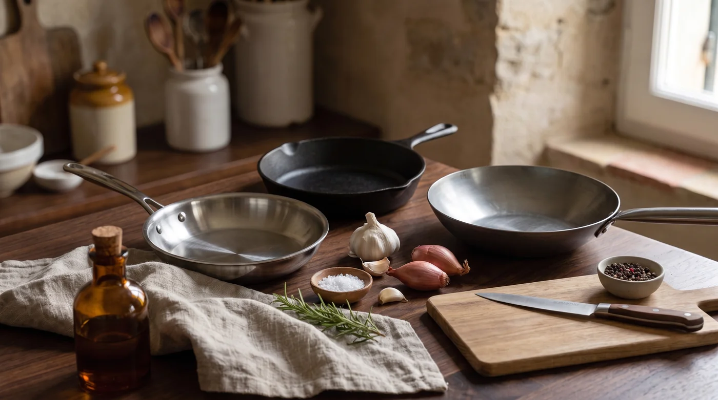 Three different frying pans beside a chopping board and knife. Three different frying pans beside a chopping board and knife.