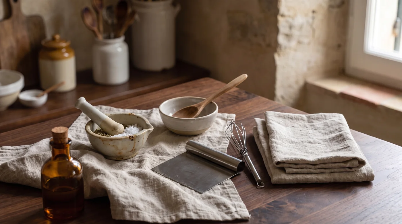 A mortar, bowls, bench scraper and whisk beside folded linen. A mortar, bowls, bench scraper and whisk beside folded linen.