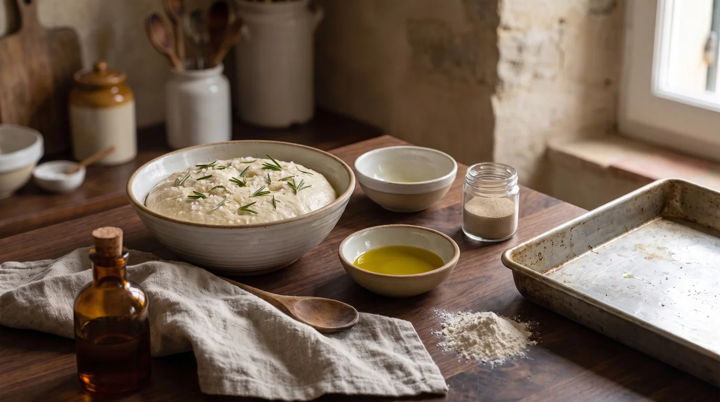 A bowl of dough beside oil, starter and an empty tray. A bowl of dough beside oil, starter and an empty tray.