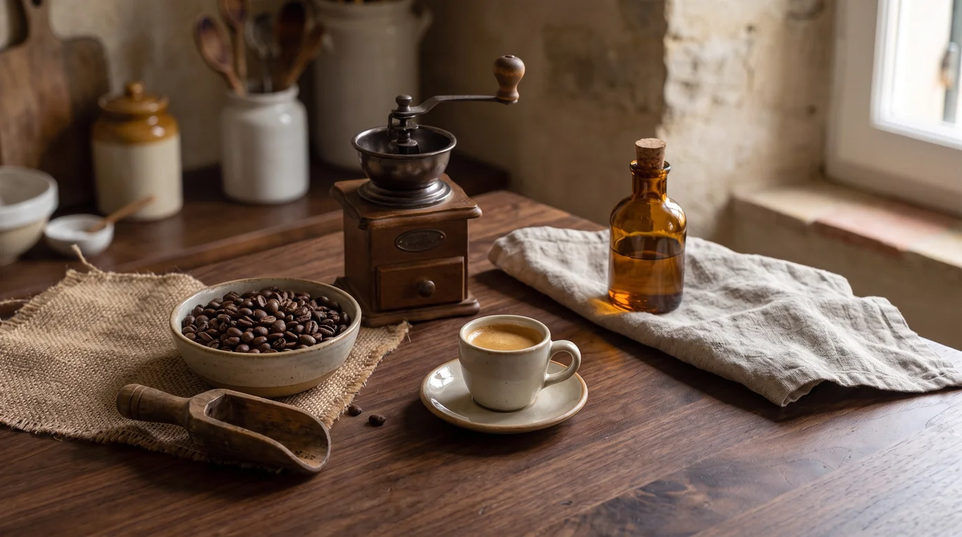 A hand coffee grinder and espresso on the rustic kitchen table. A hand coffee grinder and espresso on the rustic kitchen table.
