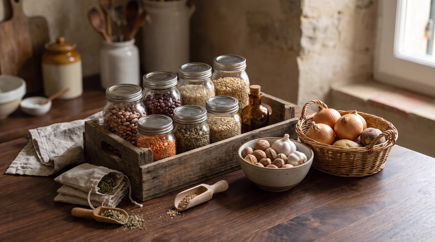 Jars of grains and beans beside garlic and onions. Jars of grains and beans beside garlic and onions.