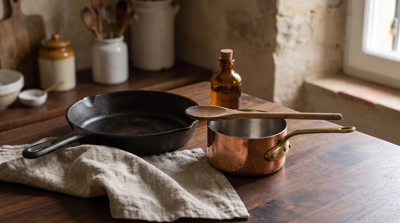 A skillet and copper saucepan on folded linen. A skillet and copper saucepan on folded linen.