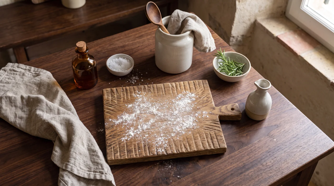 A flour-dusted wooden board beside a bench scraper and a little jug. A flour-dusted wooden board beside a bench scraper and a little jug.