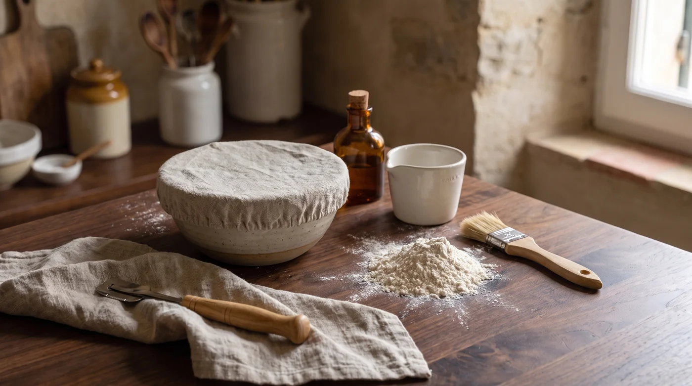 A covered bowl beside flour, a rolling pin and a pastry brush.