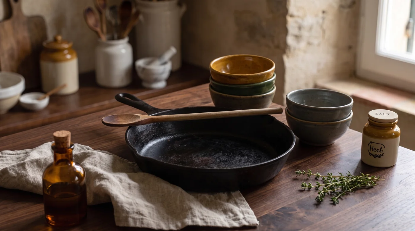 A skillet beside stacked bowls and a wooden spoon. A skillet beside stacked bowls and a wooden spoon.