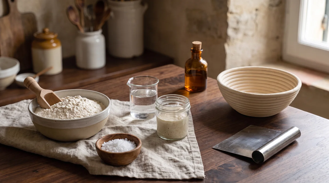 Flour, water and starter beside a proofing basket. Flour, water and starter beside a proofing basket.