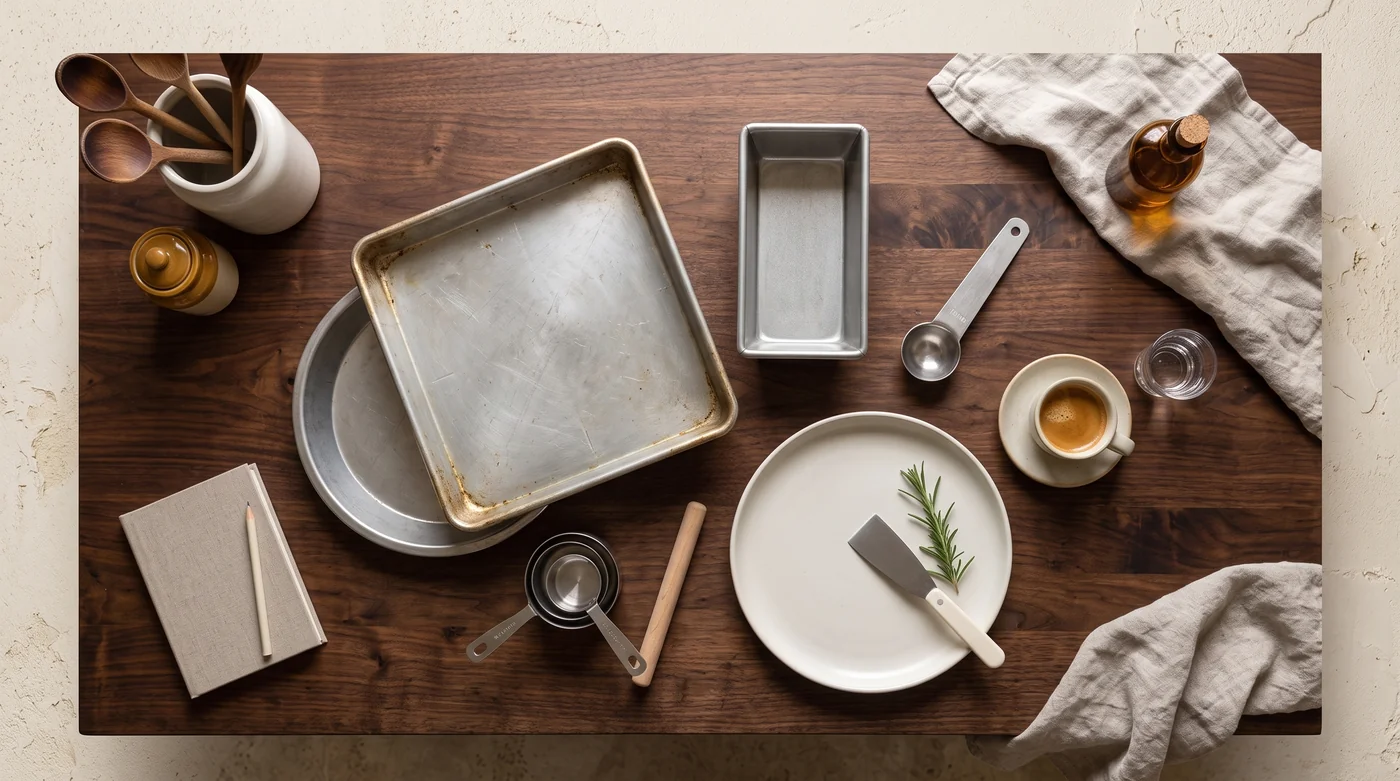 An overhead arrangement of bakeware, measuring tools and a cup. An overhead arrangement of bakeware, measuring tools and a cup.