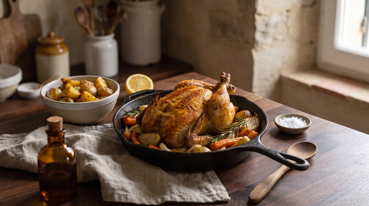 A roasted chicken and vegetables in a skillet beside a bowl of potatoes. A roasted chicken and vegetables in a skillet beside a bowl of potatoes.