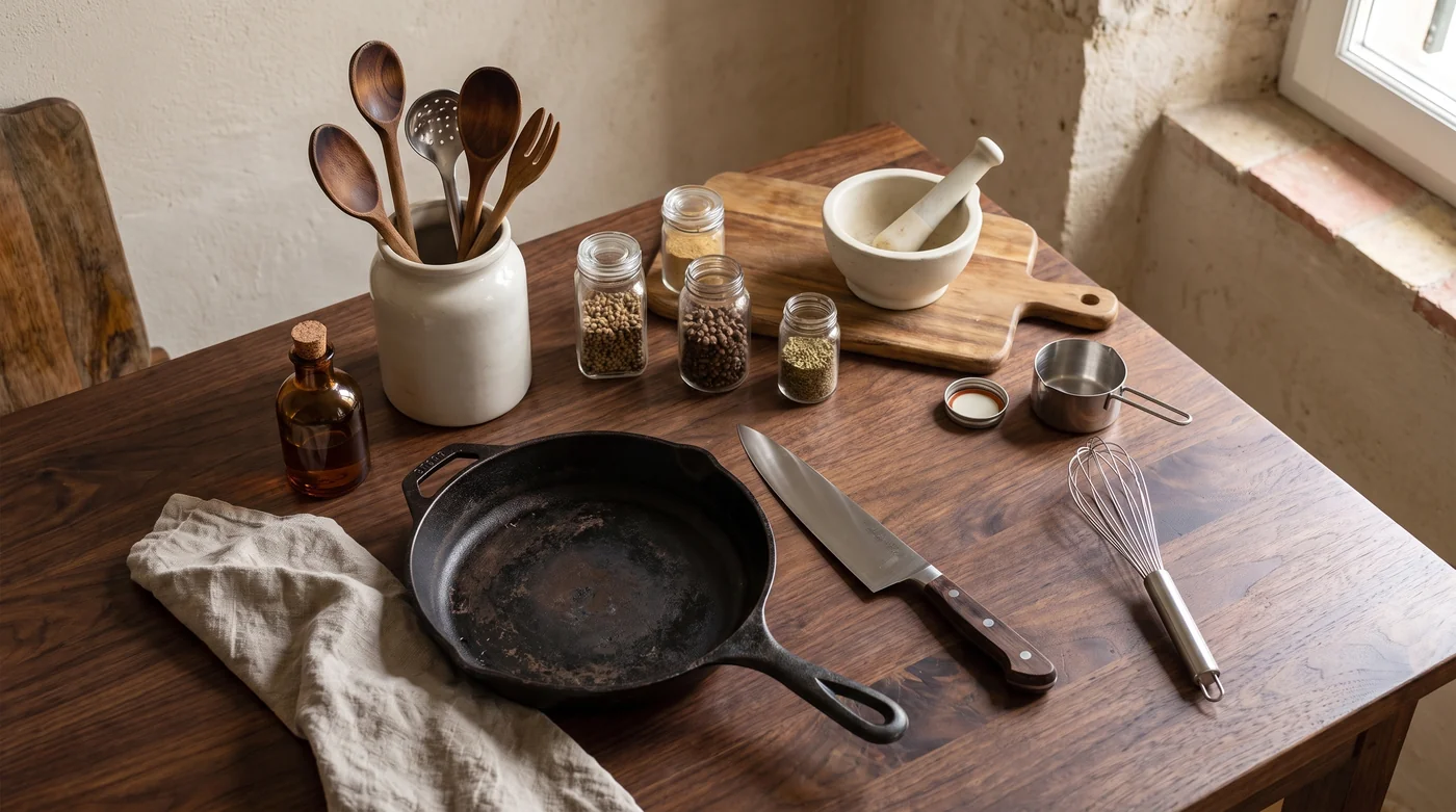 A skillet, knife, whisk and mortar arranged on the kitchen table. A skillet, knife, whisk and mortar arranged on the kitchen table.