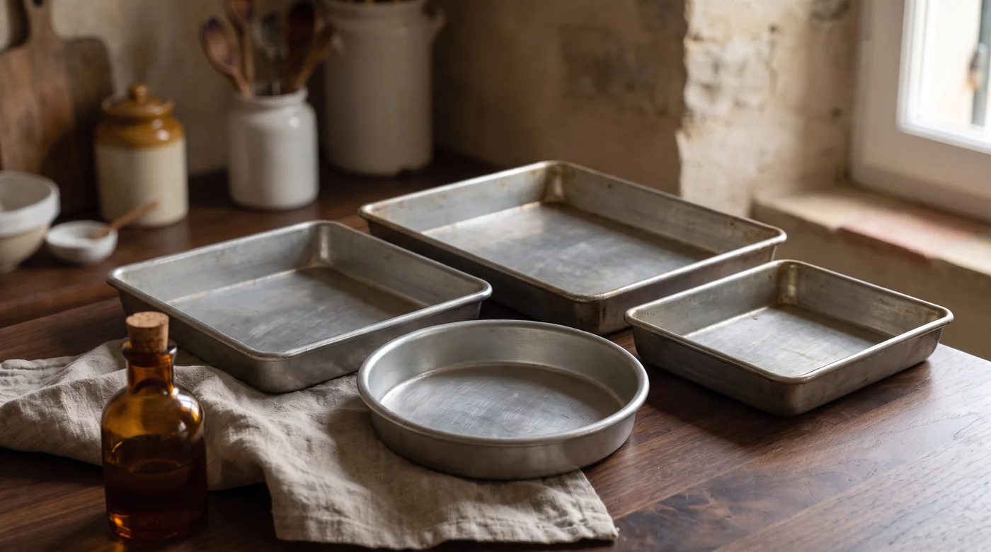 Different round and rectangular baking pans arranged together. Different round and rectangular baking pans arranged together.