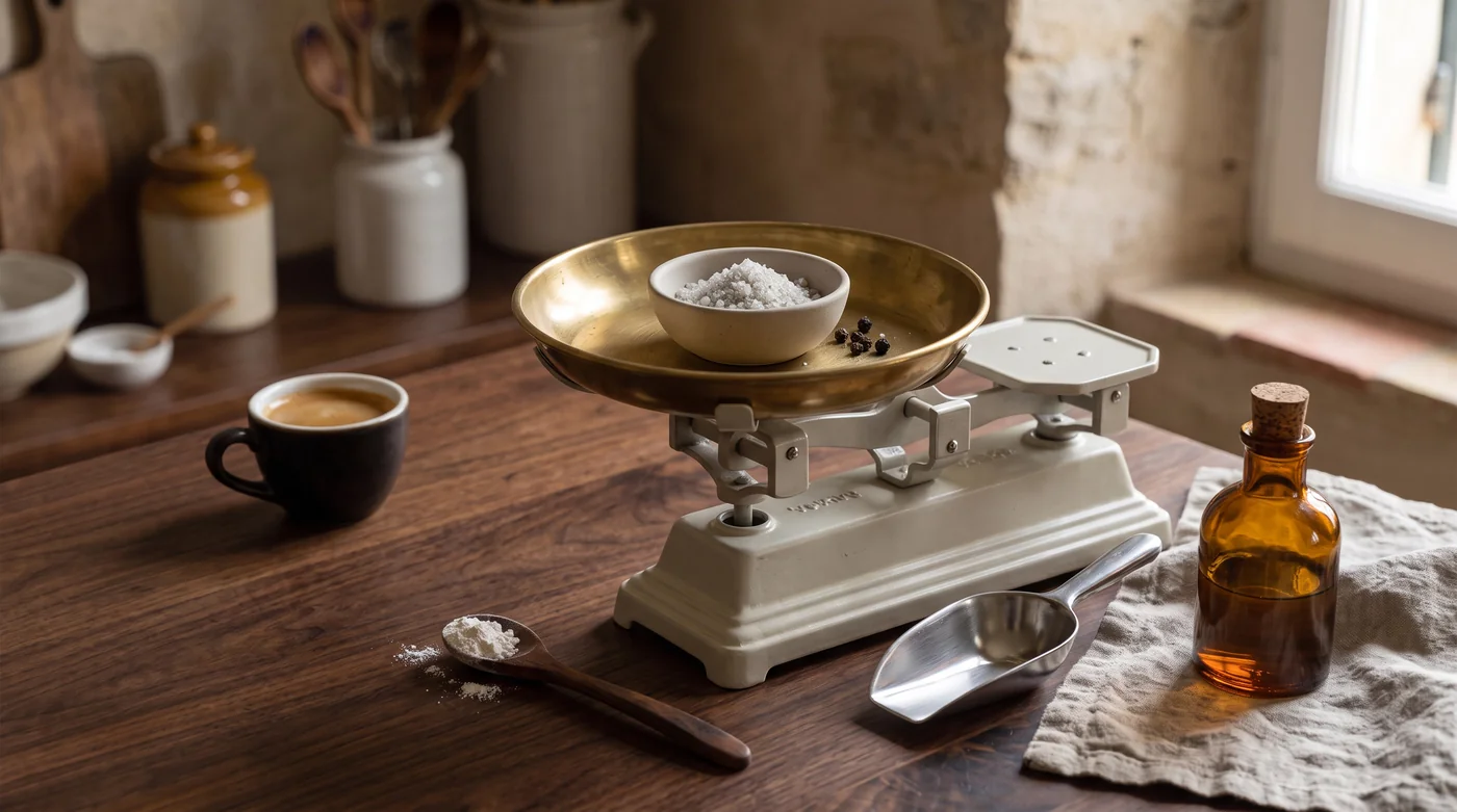 A balance scale with flour beside a metal scoop. A balance scale with flour beside a metal scoop.