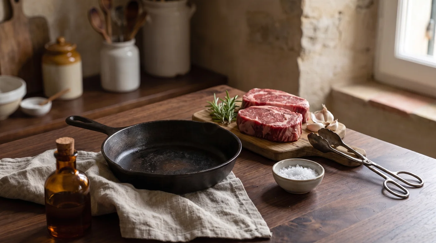 An empty skillet beside steak and tongs on a board. An empty skillet beside steak and tongs on a board.