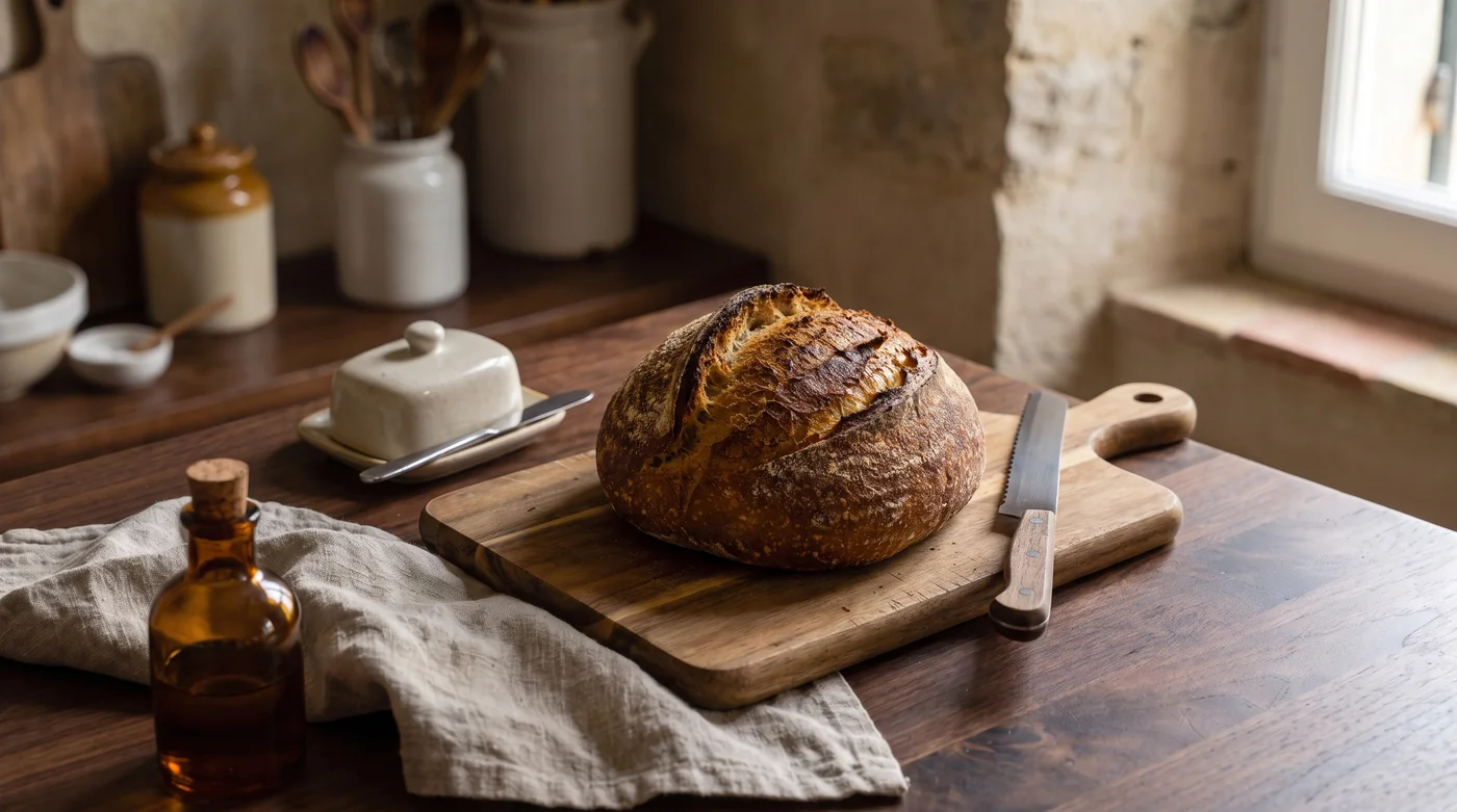 A country loaf beside a bread knife and covered butter dish. A country loaf beside a bread knife and covered butter dish.