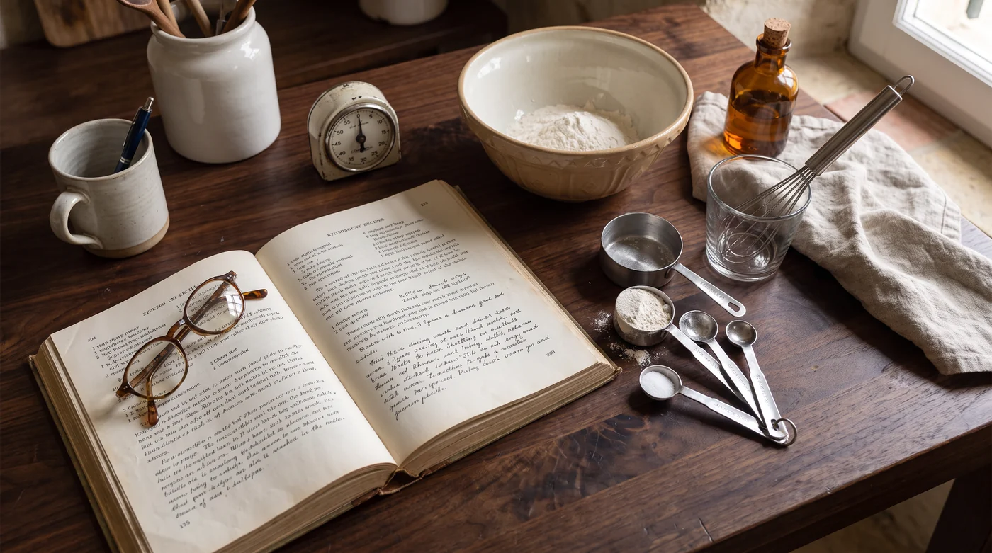 A cookbook, mixing bowl, timer and measuring spoons arranged before baking.