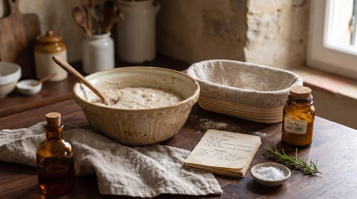 Good things are worth passing on. A dough bowl and proofing basket beside a kitchen notebook.
