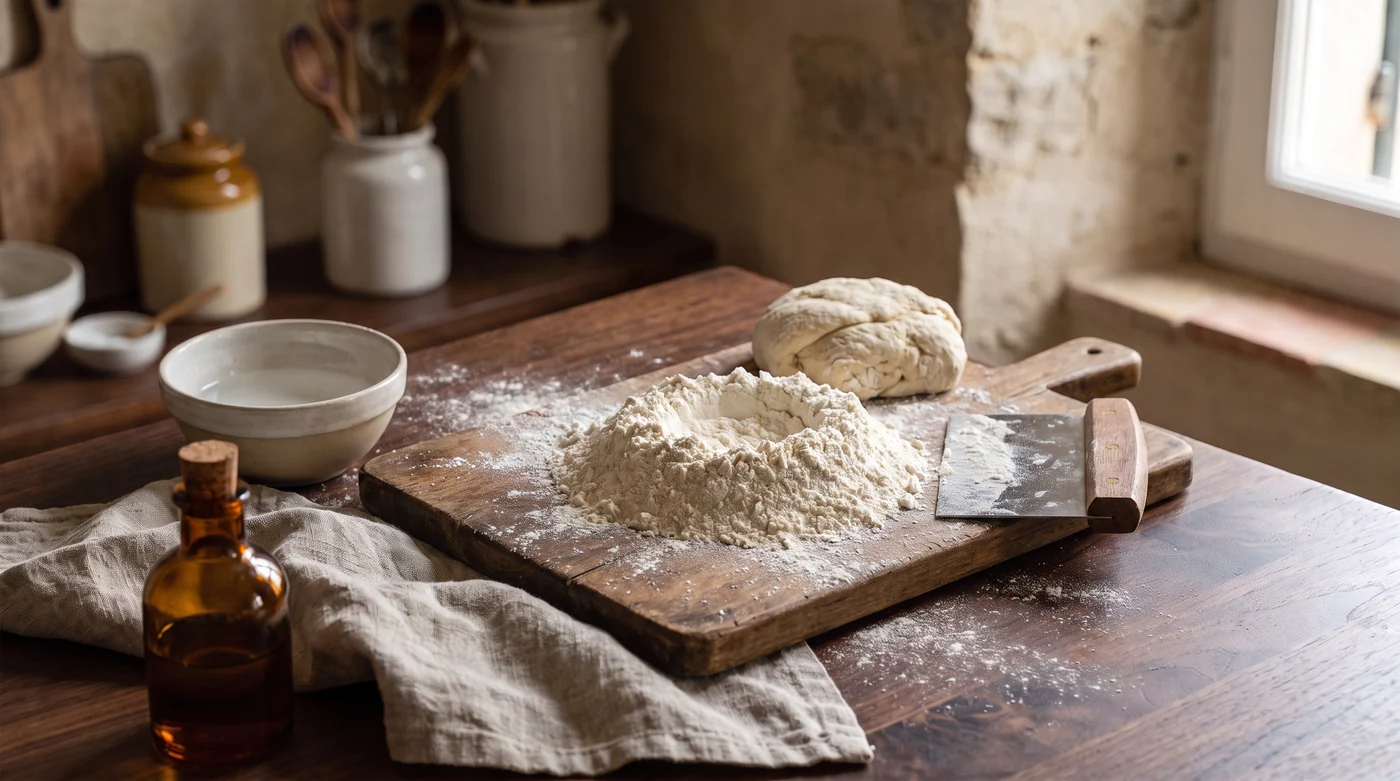 A mound of flour, a piece of dough and a bench scraper on a board.
