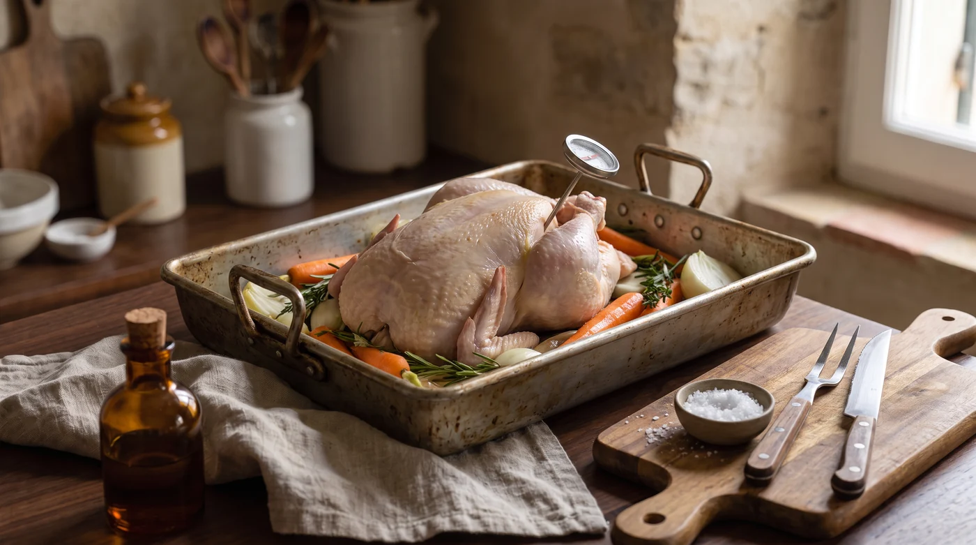 Roast. Space in the oven. An unbaked chicken and vegetables arranged in a roasting tray.
