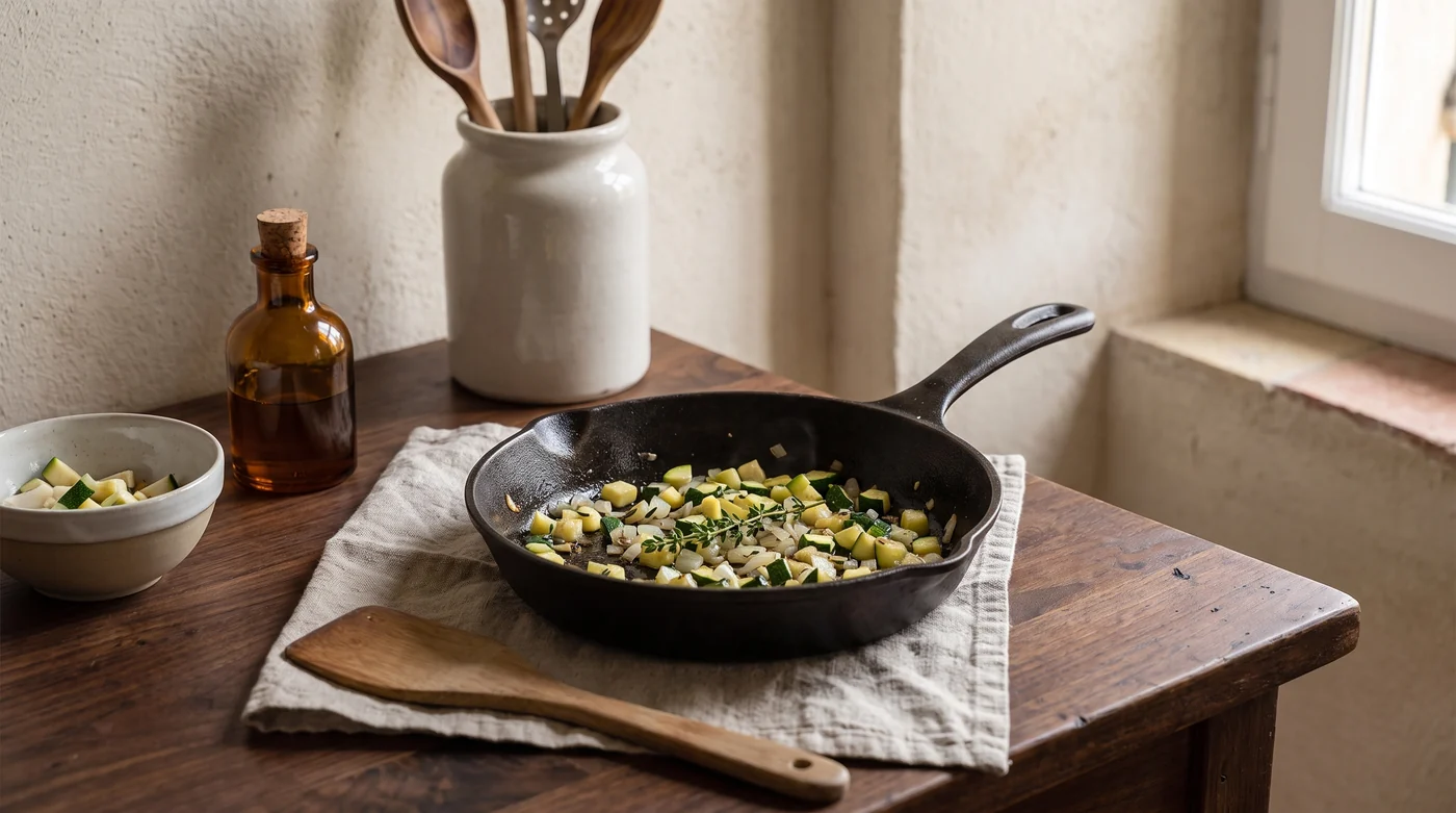 Sauté. Small pieces, active attention. Diced vegetables in a skillet beside a wooden spatula.