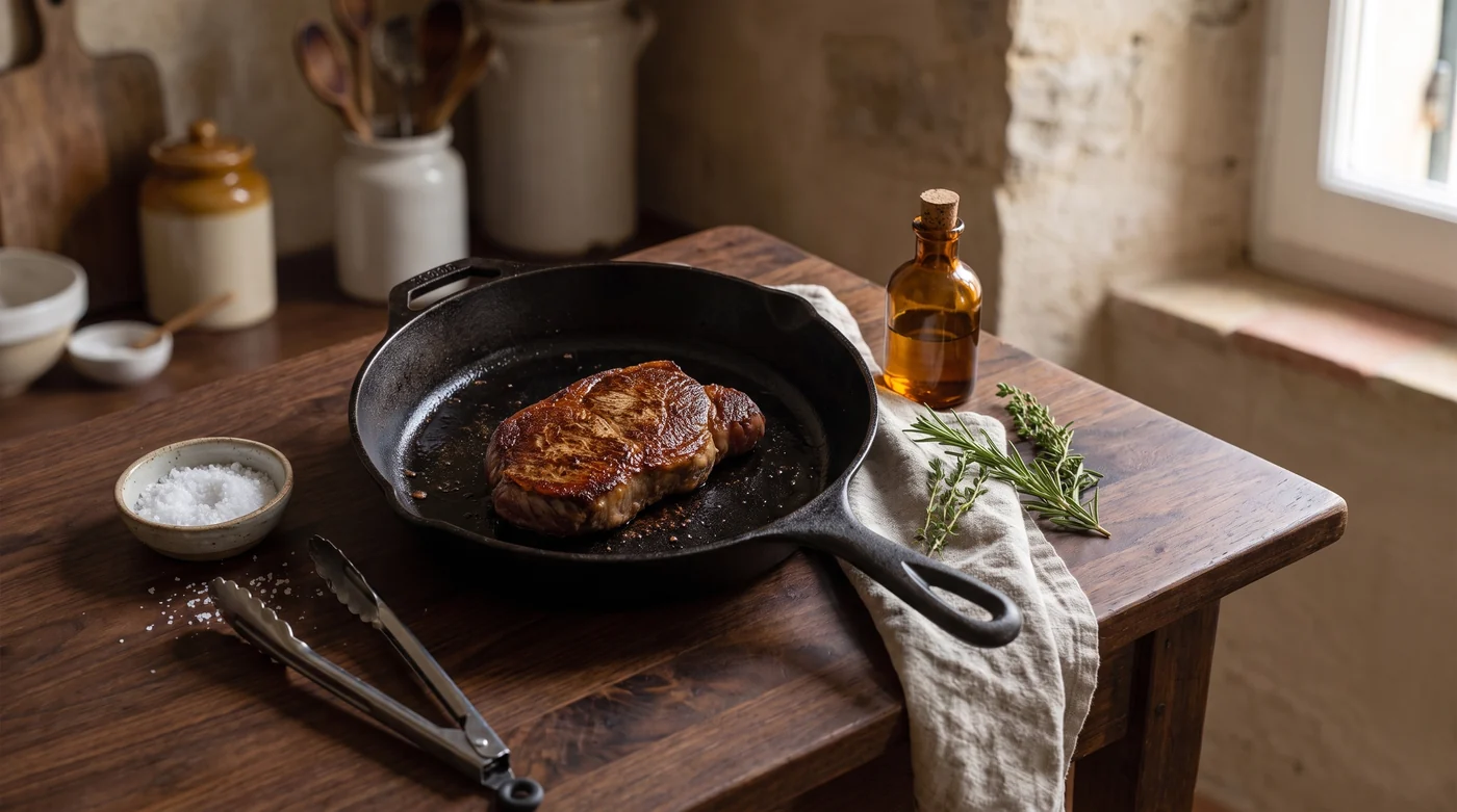 A browned piece of meat resting in a skillet.