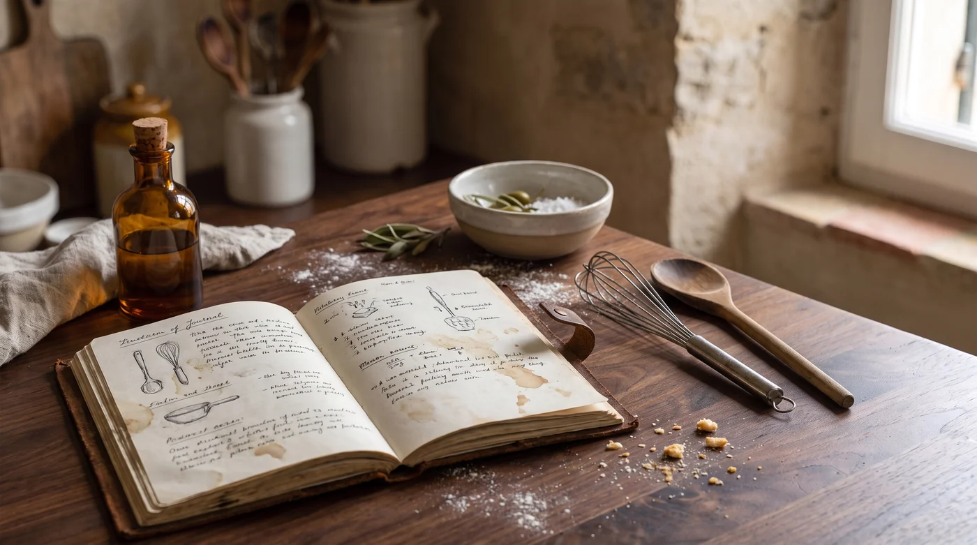 A little help with the details. A notebook with cooking diagrams beside a spoon and whisk.