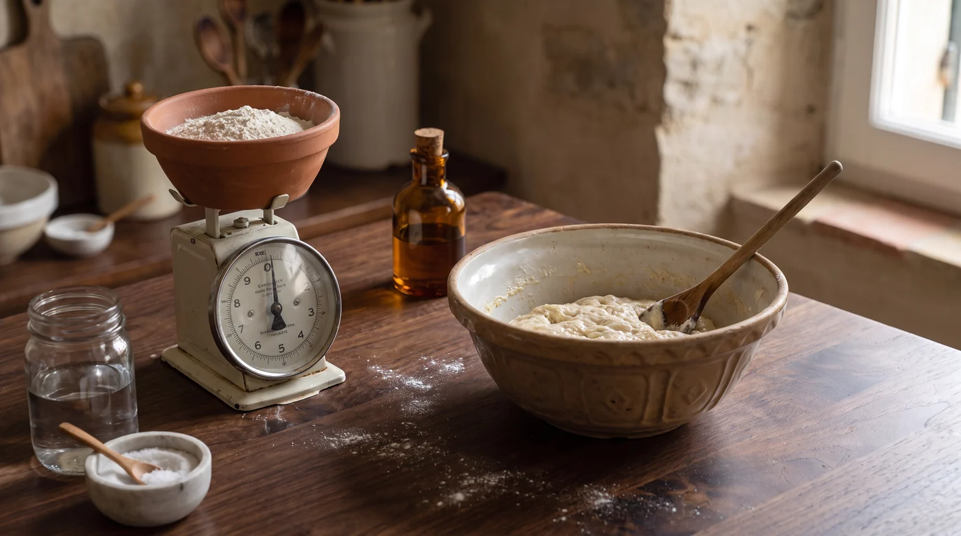 A bowl of dough beside a kitchen scale and starter jar.