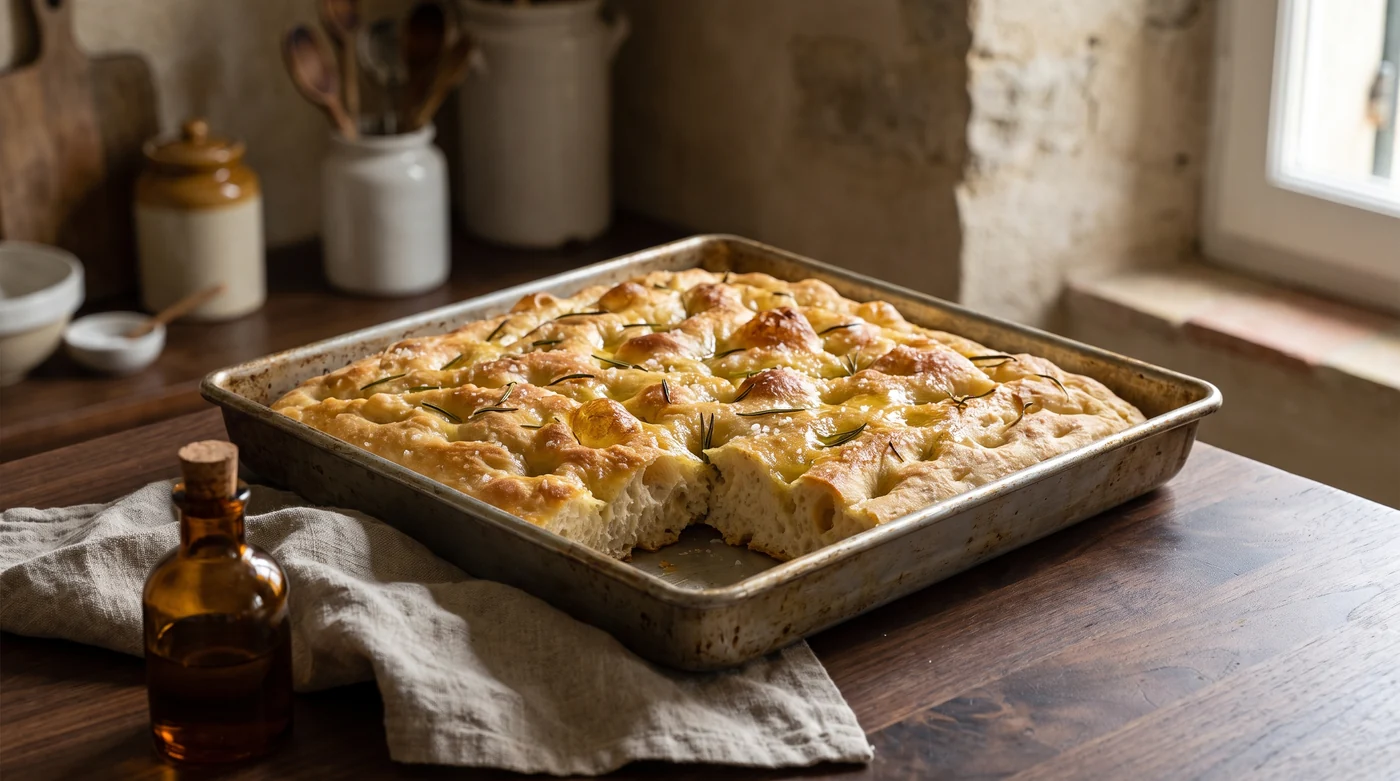 Illustrative golden focaccia in a seasoned baking pan on a walnut table with linen Illustrative golden focaccia in a seasoned baking pan on a walnut table with linen