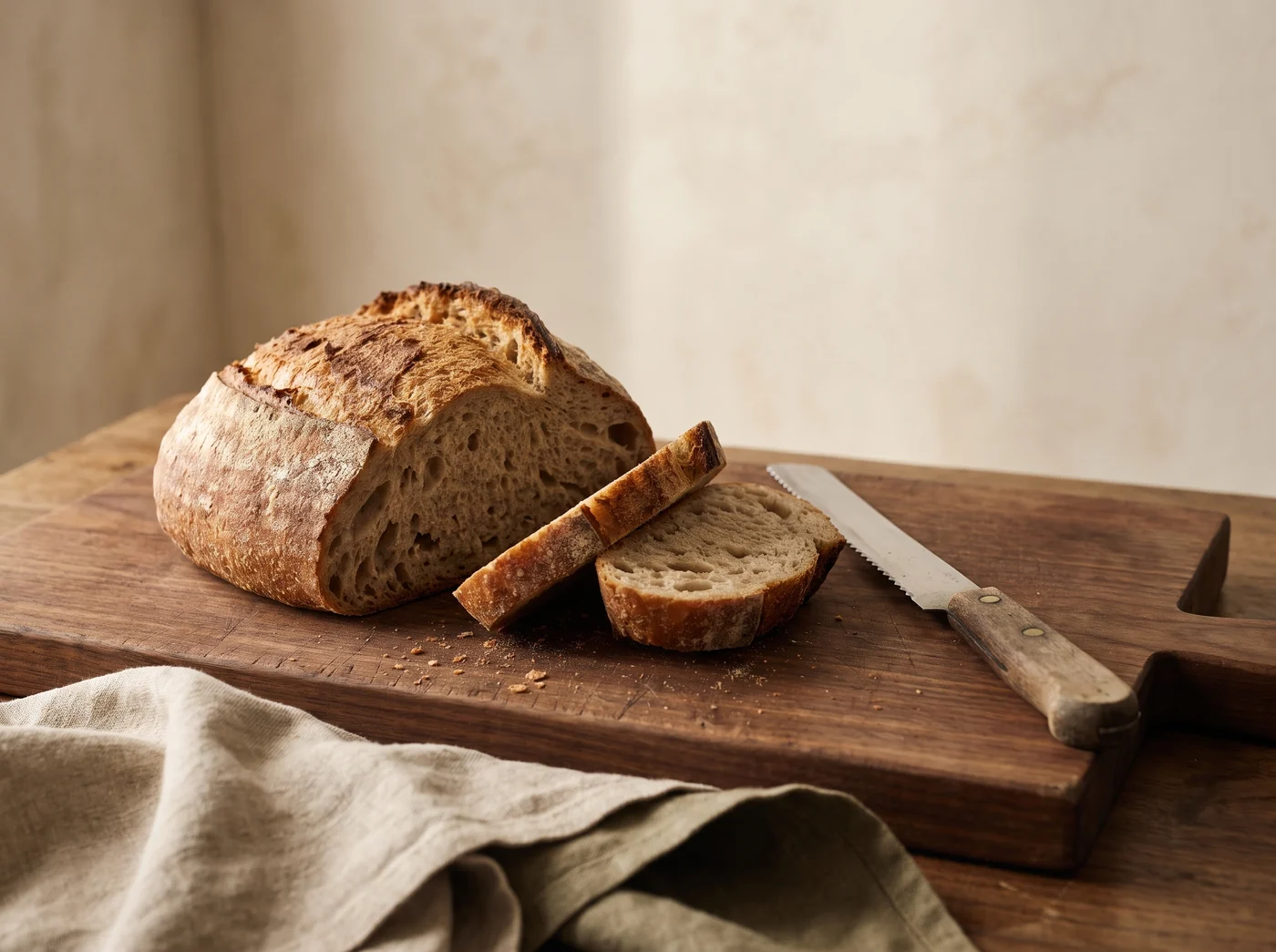 Illustrative sliced country loaf, bread knife and flax linen on an old bread board Illustrative sliced country loaf, bread knife and flax linen on an old bread board
