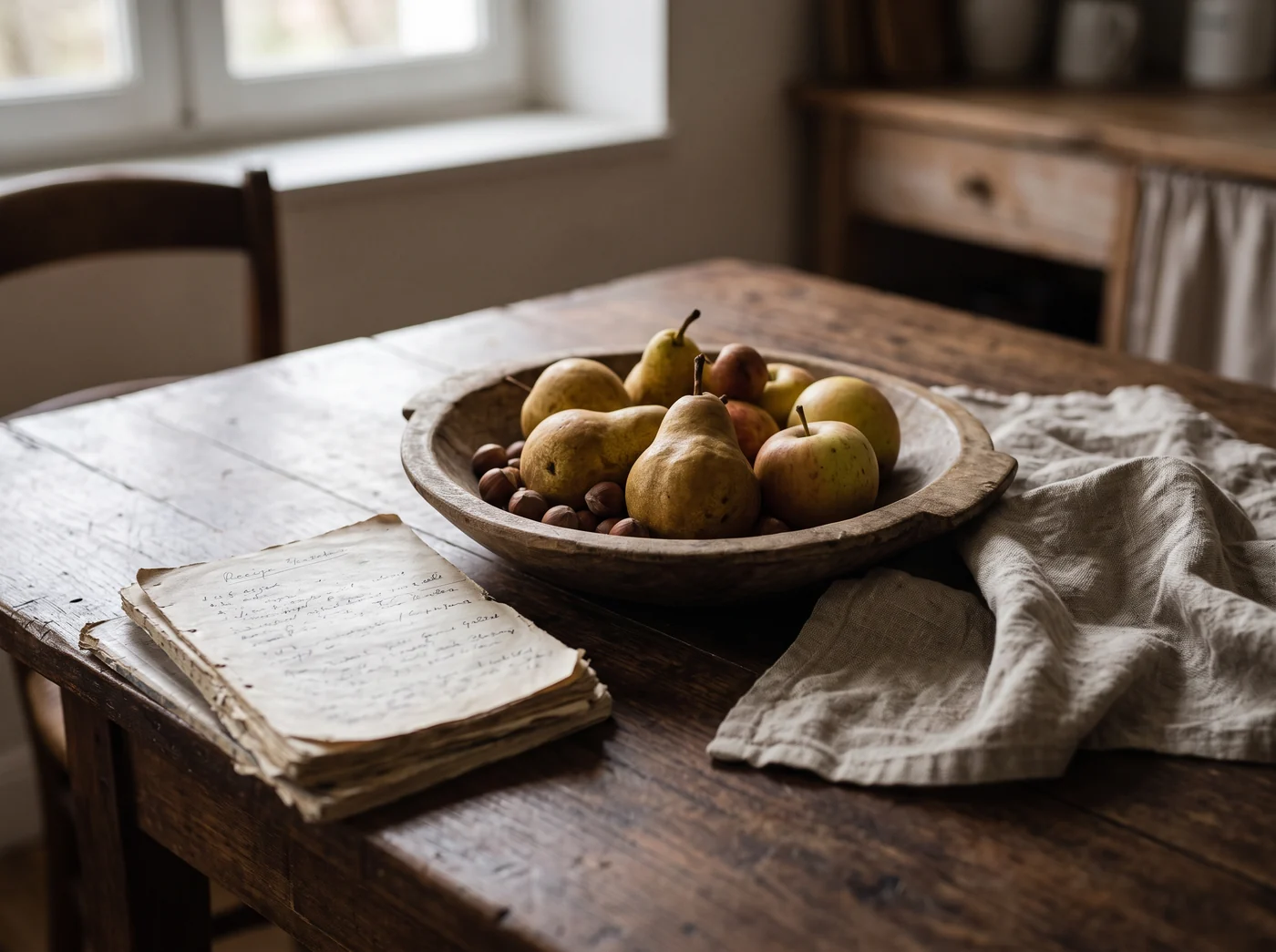 Illustrative pears, apples and hazelnuts in a wooden bowl beside a notebook and linen Illustrative pears, apples and hazelnuts in a wooden bowl beside a notebook and linen