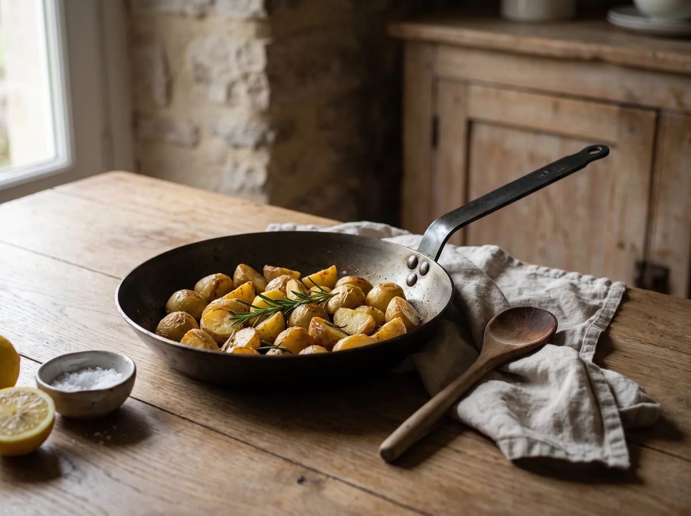 Illustrative carbon-steel skillet with golden potatoes and rosemary on a worn wooden table Illustrative carbon-steel skillet with golden potatoes and rosemary on a worn wooden table
