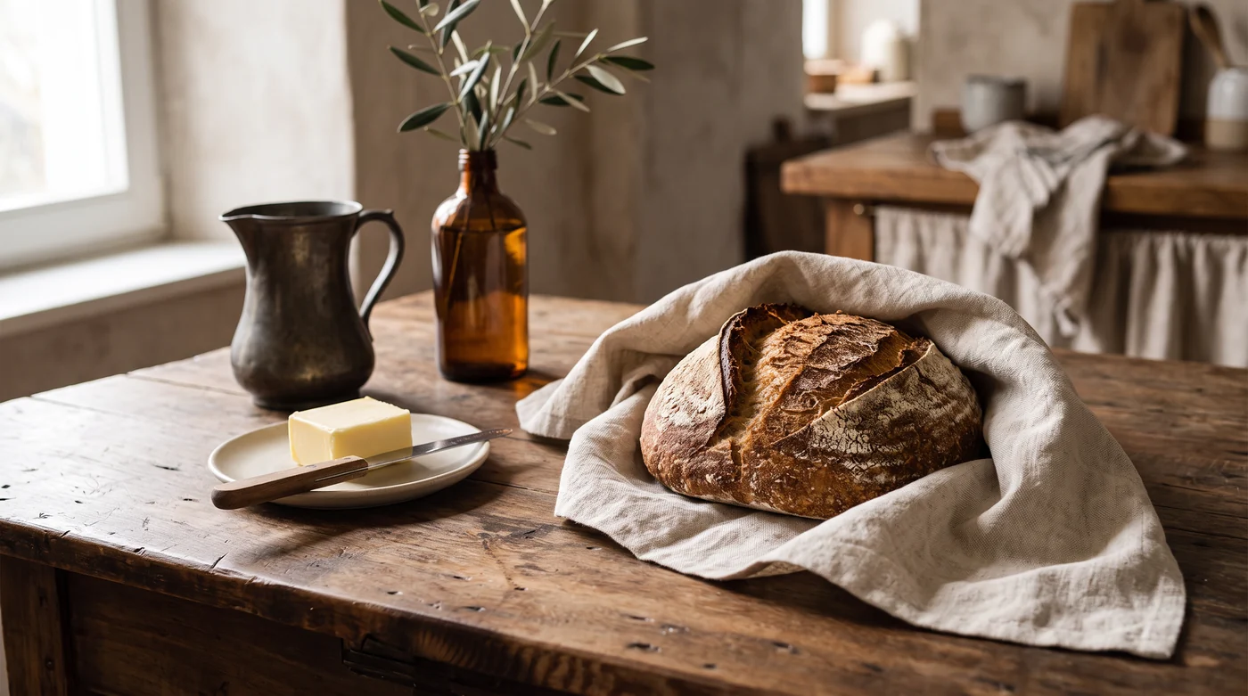 Illustrative rustikale Küchentafel mit Brot und Leinen; kein dokumentierter Backversuch