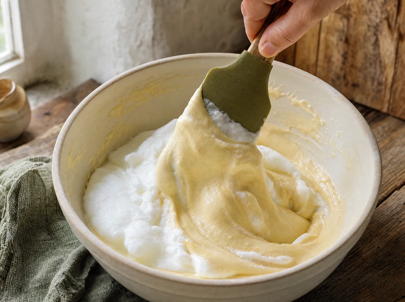 A spatula lifting cake batter over whipped egg foam, with streaks still visible.