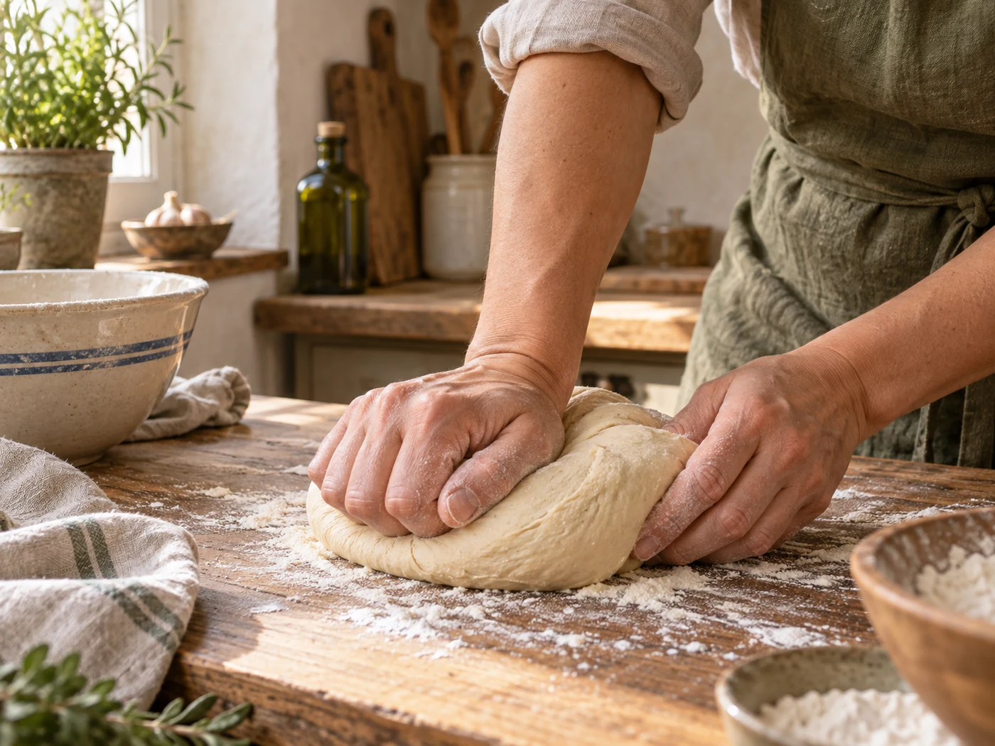 Hands pressing and stretching unbaked dough on a lightly floured worktop. Hands pressing and stretching unbaked dough on a lightly floured worktop.