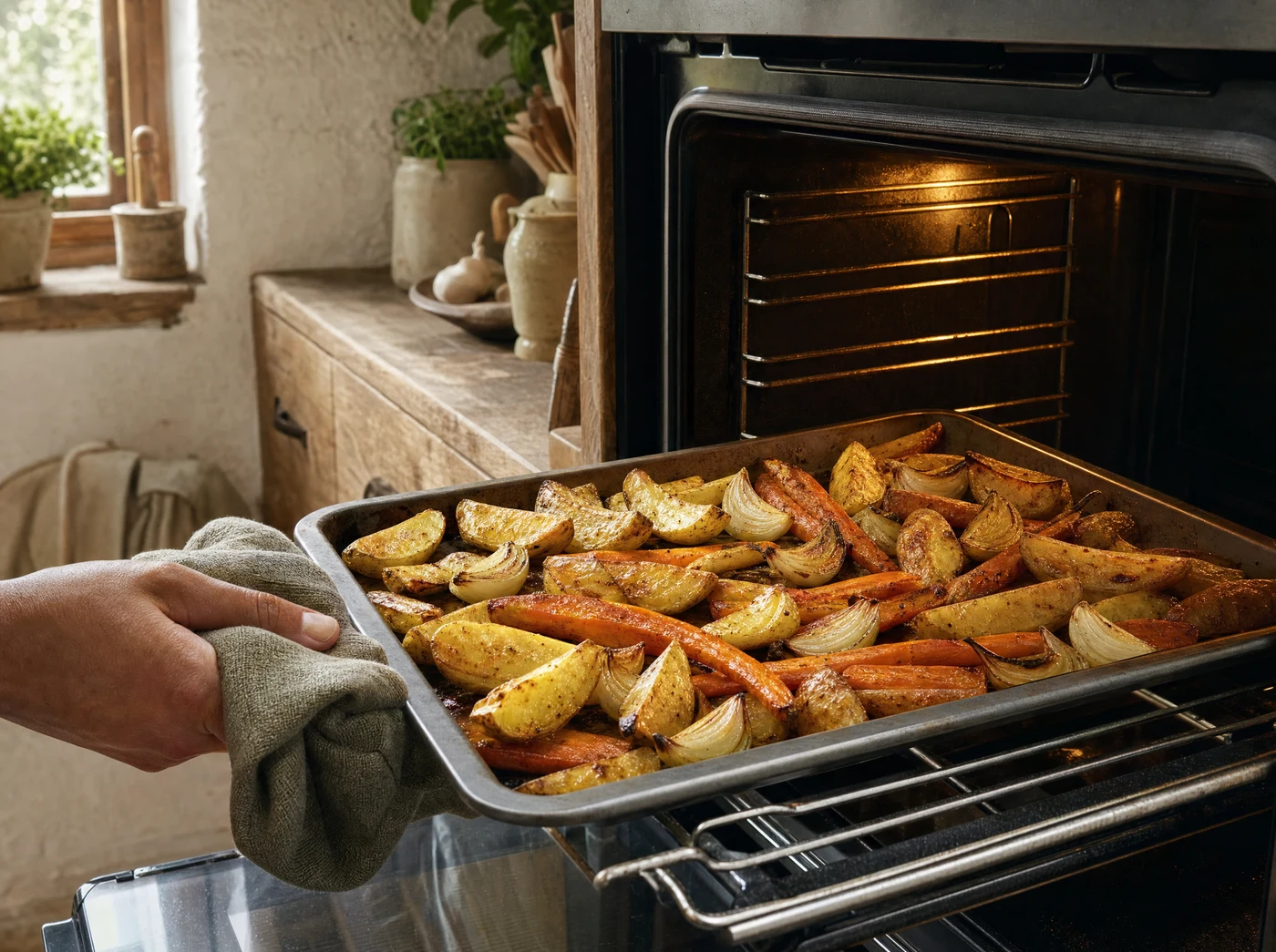 Vegetables roasting in a single layer on a tray inside an oven.
