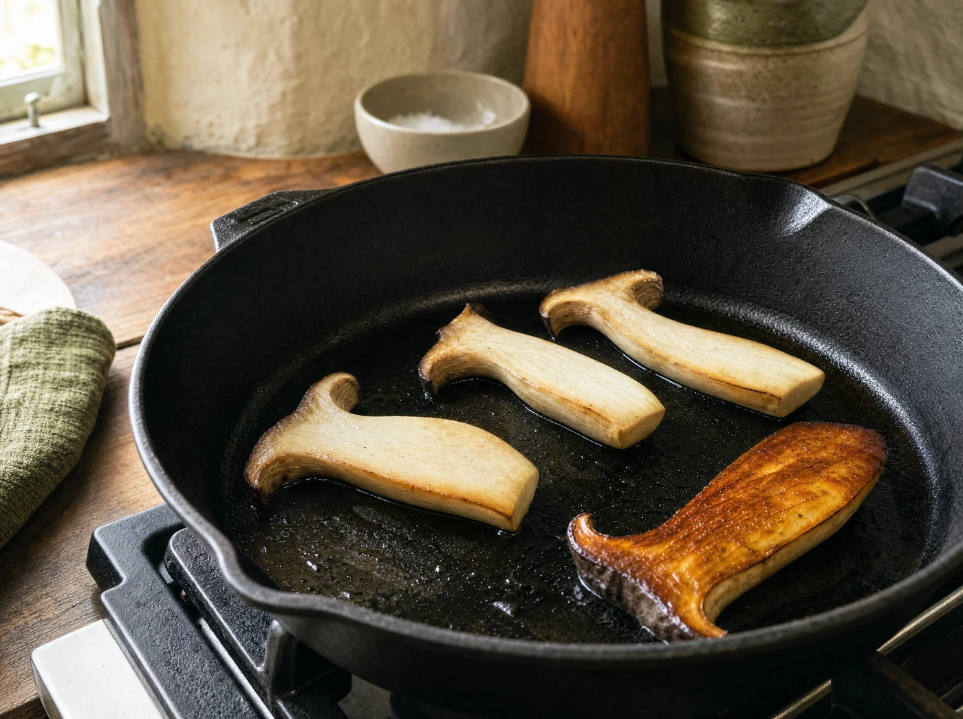 King oyster mushroom slices searing in a cast-iron skillet, with a browned contact surface.