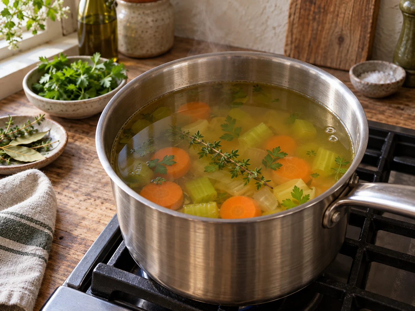 Vegetable broth gently simmering in a saucepan, with small bubbles near the edge. Vegetable broth gently simmering in a saucepan, with small bubbles near the edge.