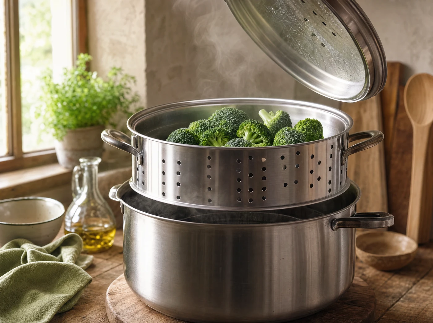 Broccoli in a perforated steamer basket above a saucepan, with the lid lifted. Broccoli in a perforated steamer basket above a saucepan, with the lid lifted.
