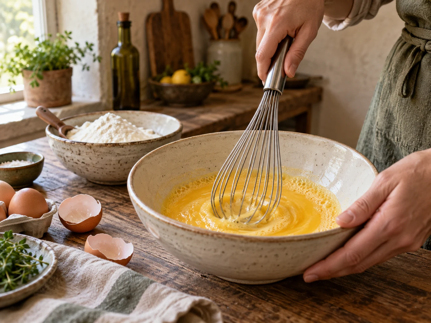 A balloon whisk beating eggs in a mixing bowl.